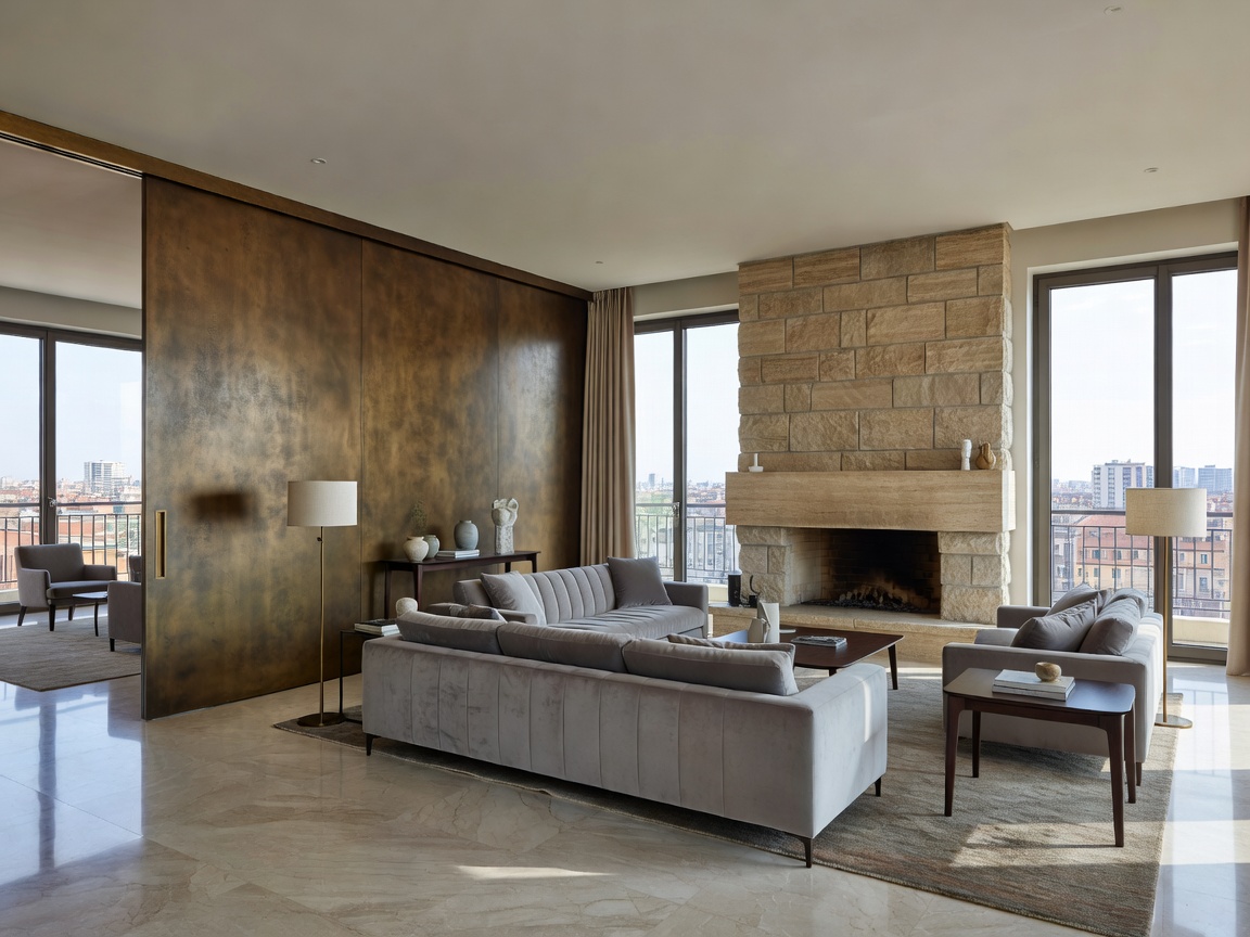 Expansive Milan penthouse living room with custom bronze sliding partition, natural stone fireplace, and Italian furnishings