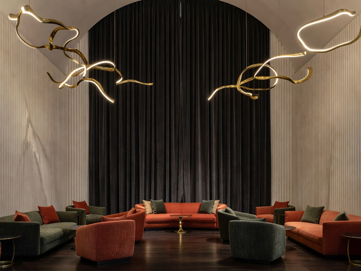 High-ceilinged boutique hotel lounge with floor-to-ceiling drapery, fluted plaster walls, and custom sculptural brass lighting