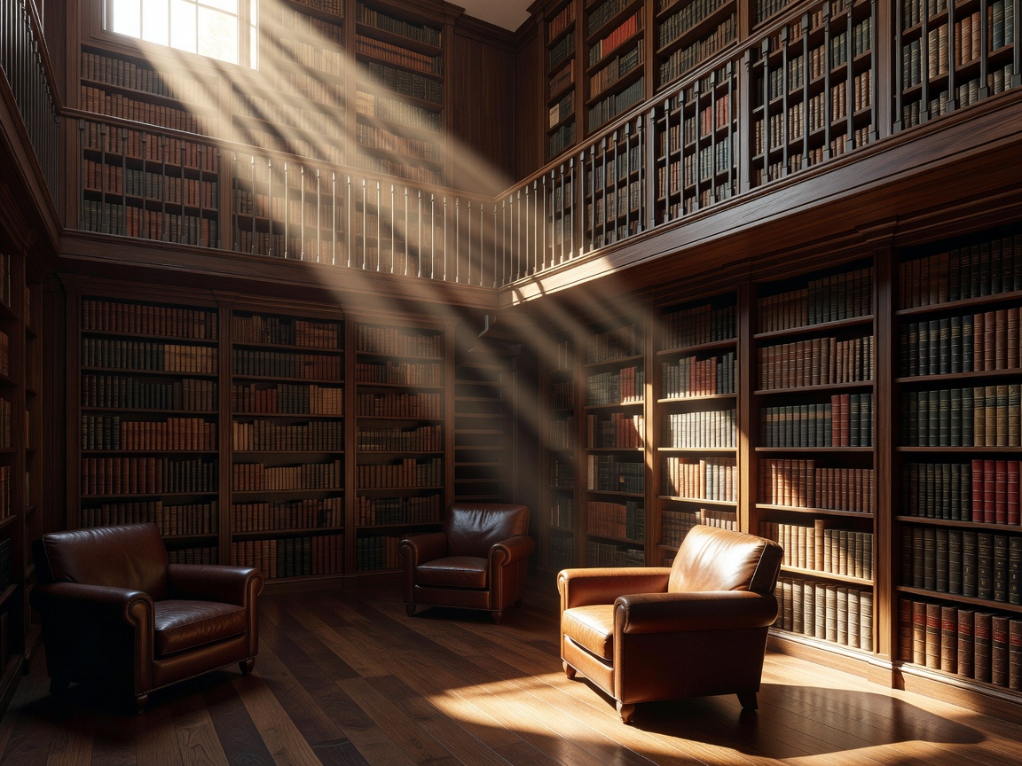 High-resolution digital architectural simulation showing solar sun rays penetrating deep into a double-height private library