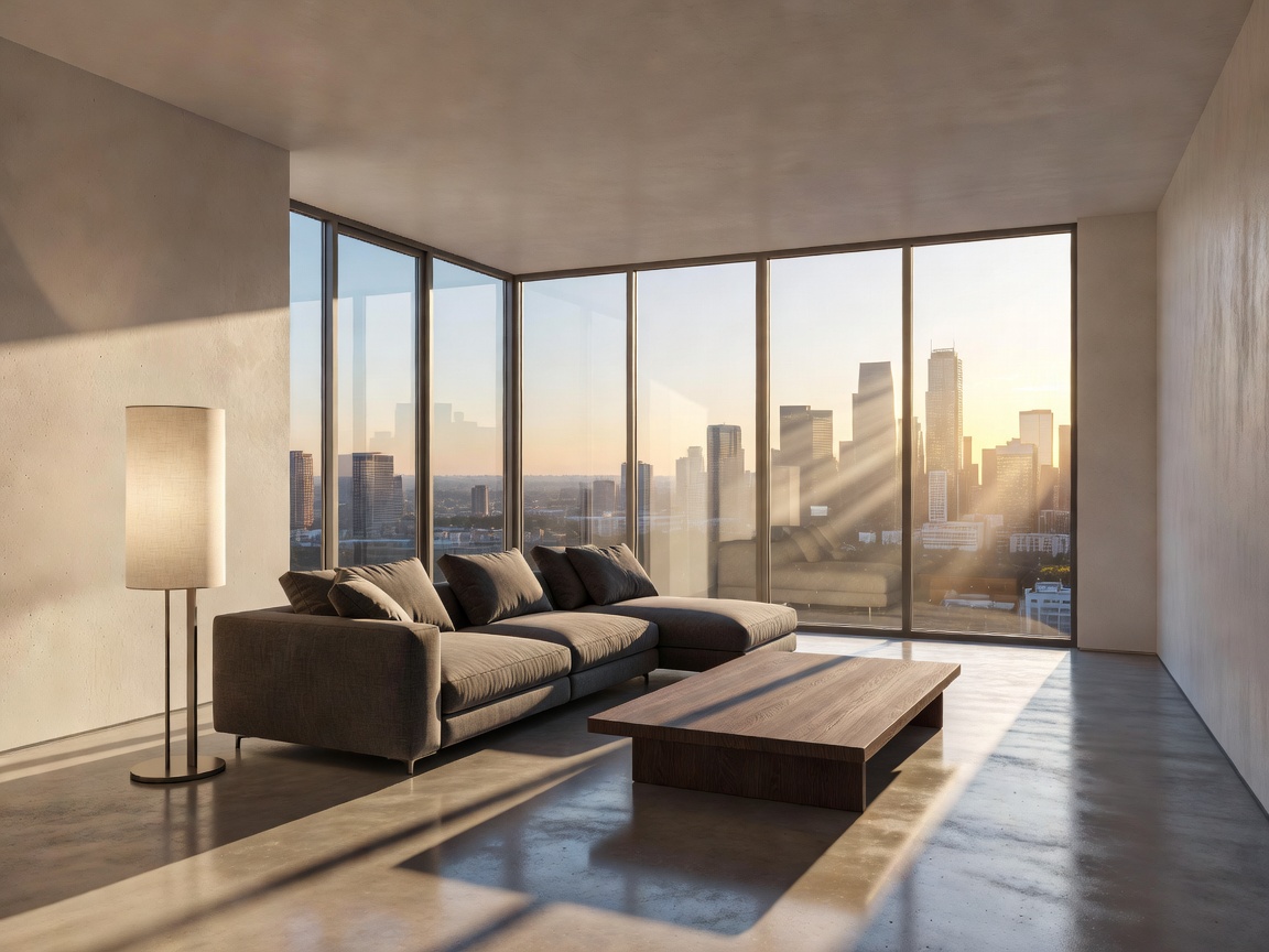 Hyper-realistic raytraced 3D rendering of an expansive penthouse living area showing solar path illumination