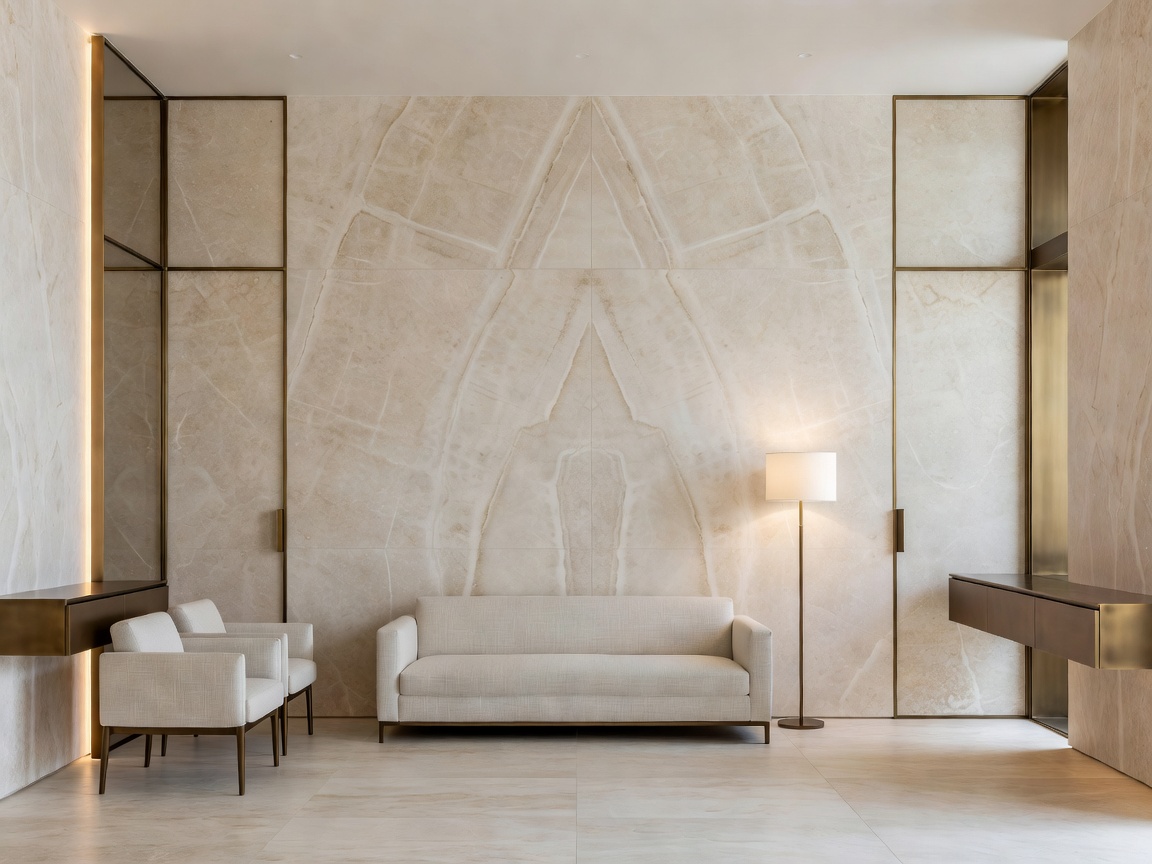 Minimalist salon interior in Milanese apartment with bookmatched travertine and bronze architectural joinery