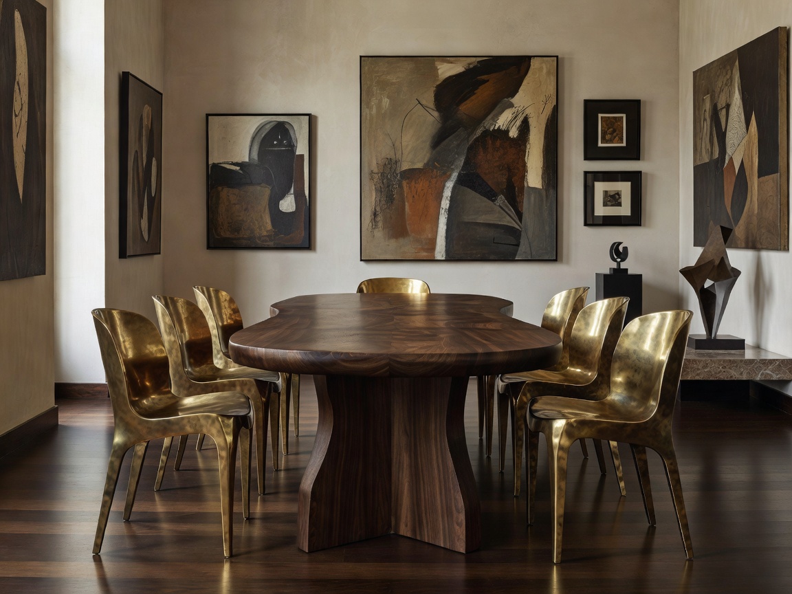 Sculptural walnut dining table paired with custom cast brass chairs in an art collector salon