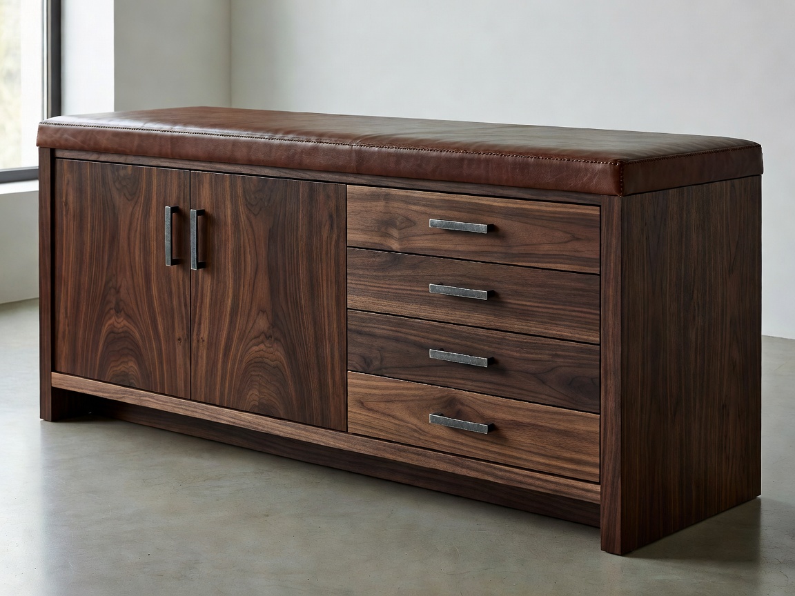 Solid Canaletto walnut credenza with patinated gunmetal pulls and hand-stitched Tuscan saddle leather top