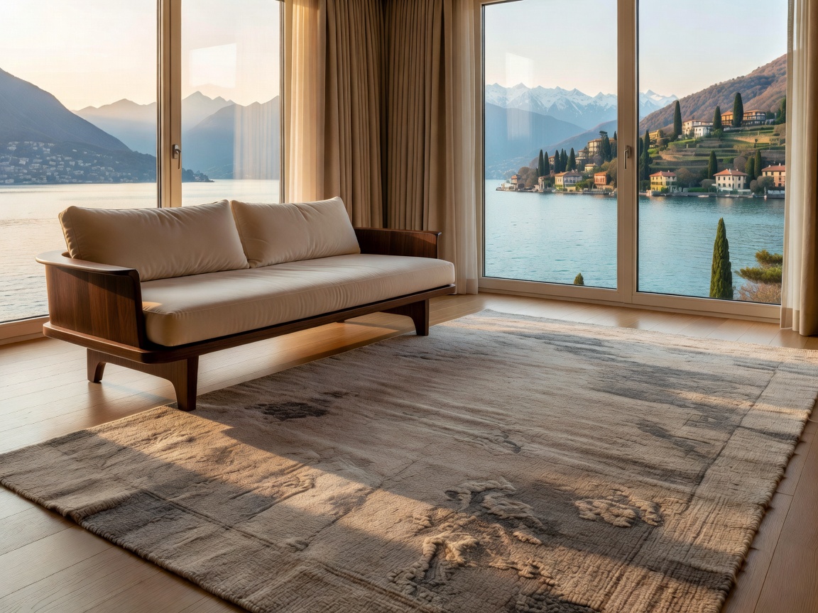 Sophisticated boutique hotel master suite overlooking Lake Como with hand-loomed wool rug and custom walnut daybed